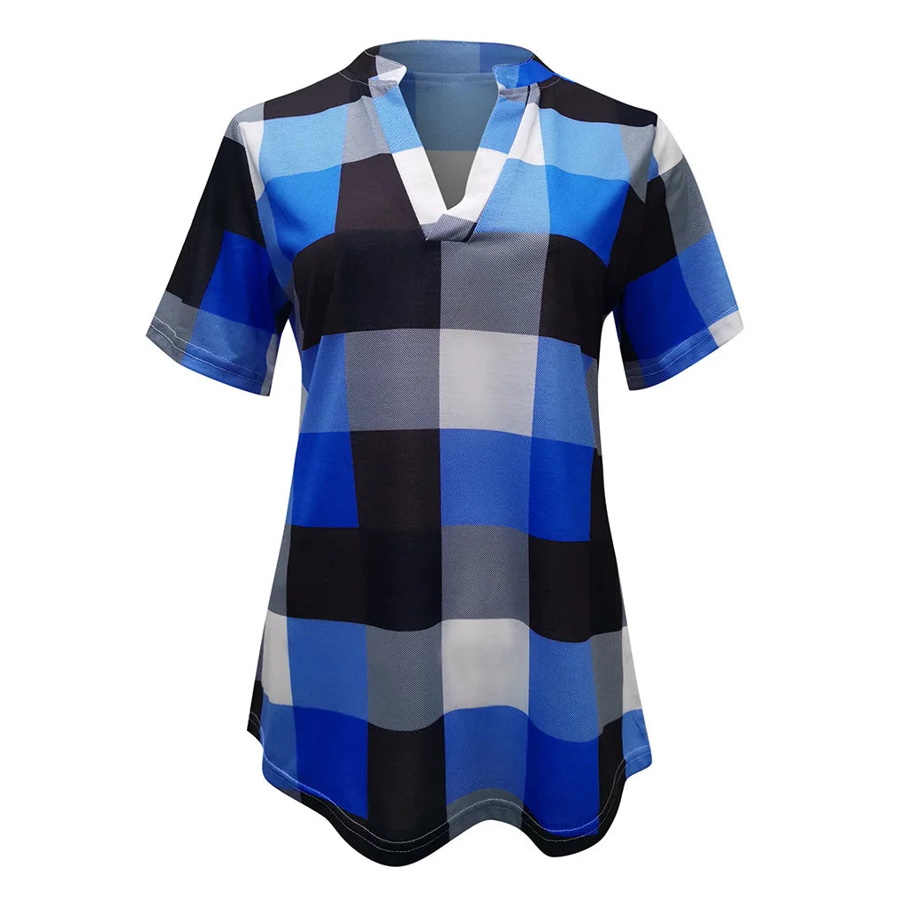 Maria | Short Sleeve Shirt V Neck Plaid Shirts - TrendHavenCo