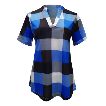 Maria | Short Sleeve Shirt V Neck Plaid Shirts - TrendHavenCo
