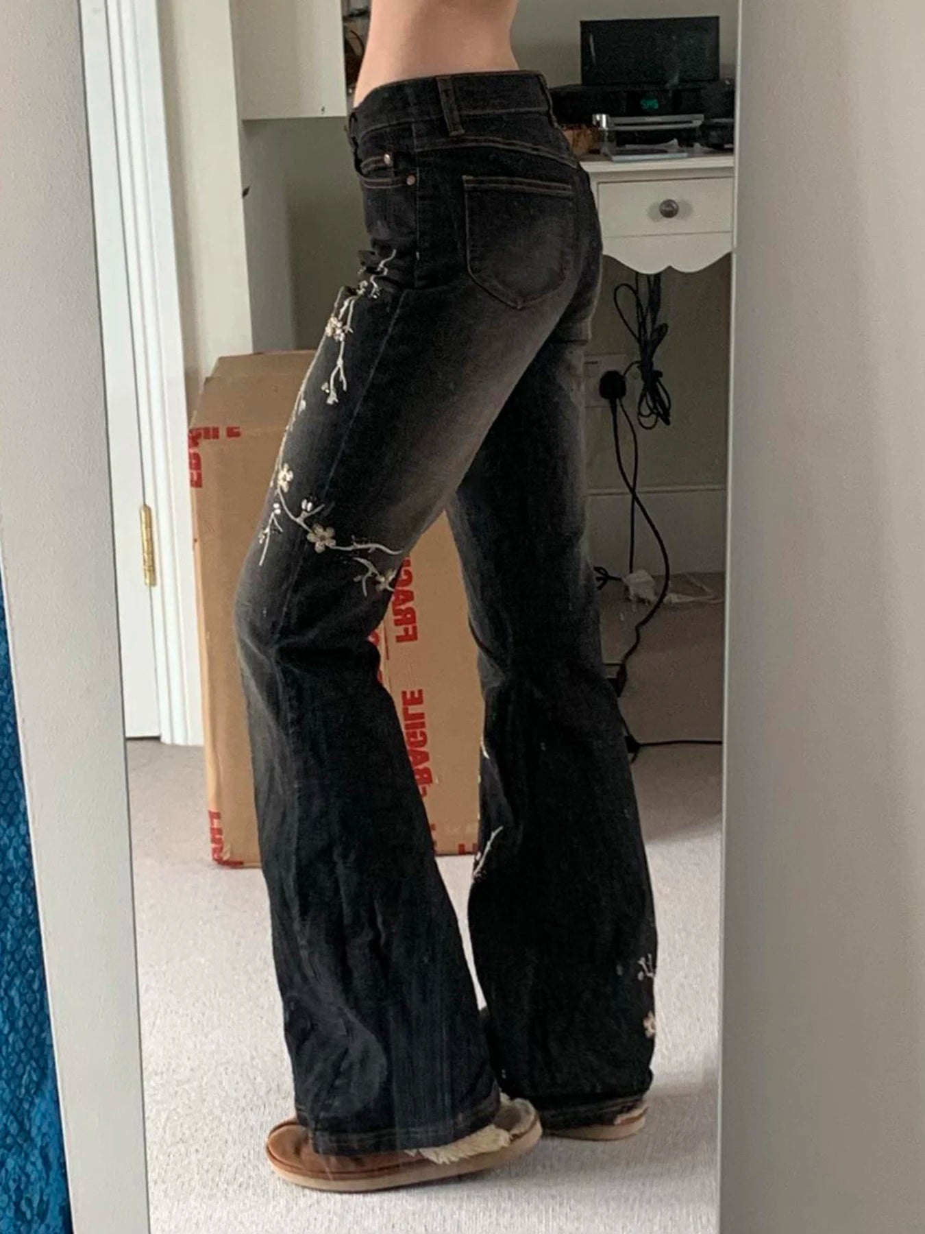 Weekeep Floral Embroidery Jeans Vintage 2000s Low Rise Flared Jeans Women Retro y2k Baggy Denim Pants High Street Basic Trousers - TrendHavenCo
