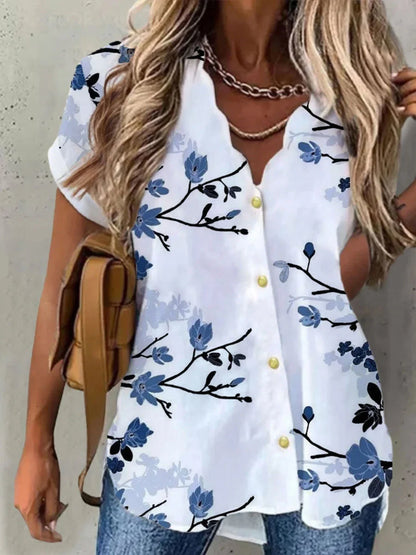 Women Shirt Floral Daily Weekend Floral Blouse Shirt Women Short Sleeve Button Print V Neck Casual Tops - TrendHavenCo