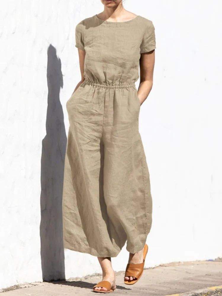 Jazlyn | O Neck Short Sleeve High Waist Wide Leg Pants