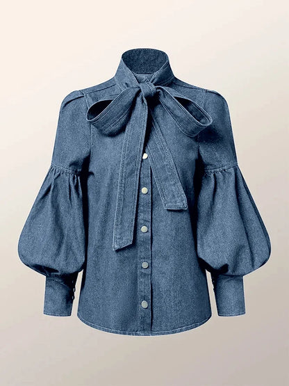 Elaine | Long Puff Sleeves Bow-Embellished Shirts