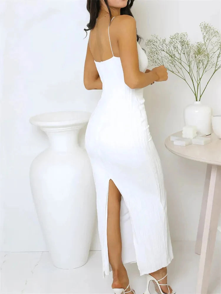 River | Long Ruched Sleeveless Slim Back Split Dress