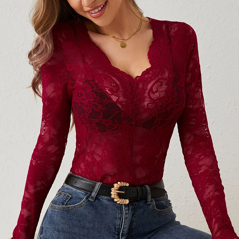 Rhea | Sexy Lace Elegant V Neck Slim Top - TrendHavenCo