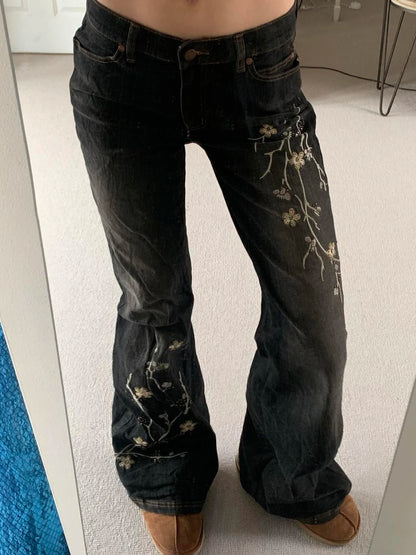 Weekeep Floral Embroidery Jeans Vintage 2000s Low Rise Flared Jeans Women Retro y2k Baggy Denim Pants High Street Basic Trousers - TrendHavenCo