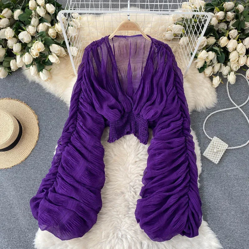 Theresa | V Neck Full Puff Sleeve Blouse Shirts - TrendHavenCo