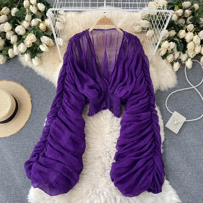 Theresa | V Neck Full Puff Sleeve Blouse Shirts - TrendHavenCo