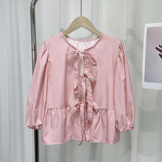 Eummie | Elegant Stripe Bow Lace Up Blouse - TrendHavenCo