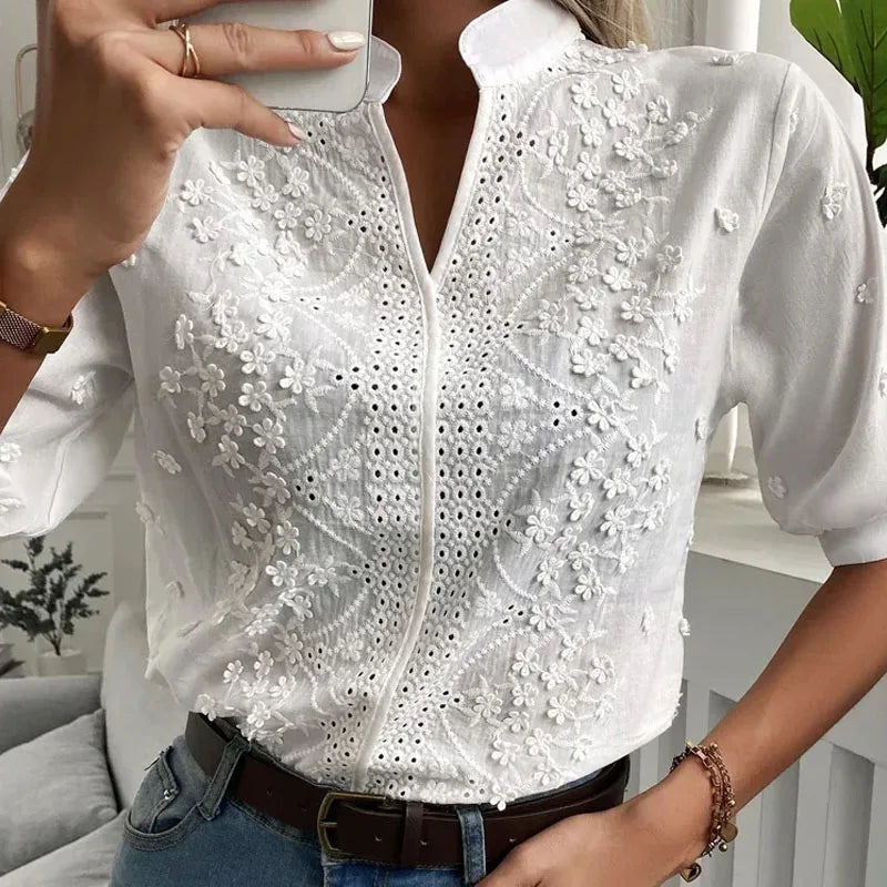 Nancy | Cotton Tops Floral Embroidery Lace Blouse - TrendHavenCo