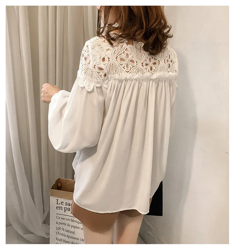 Lace Mesh Women Shirt Embroidery Patchwork Blouses 2025 Spring Long Sleeve Tops Casual Loose BlousesFemale Blusas Pullover - TrendHavenCo