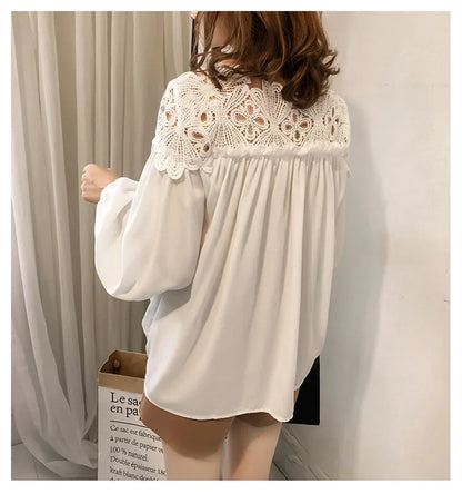 Lace Mesh Women Shirt Embroidery Patchwork Blouses 2025 Spring Long Sleeve Tops Casual Loose BlousesFemale Blusas Pullover - TrendHavenCo