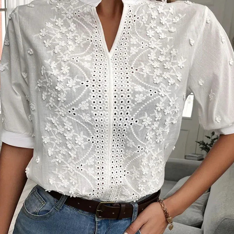 Nancy | Cotton Tops Floral Embroidery Lace Blouse - TrendHavenCo