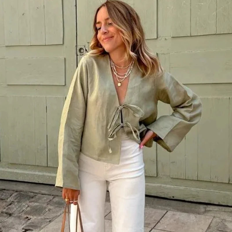 Arabelle | Street Tops Linen Lace Up Long Sleeve - TrendHavenCo