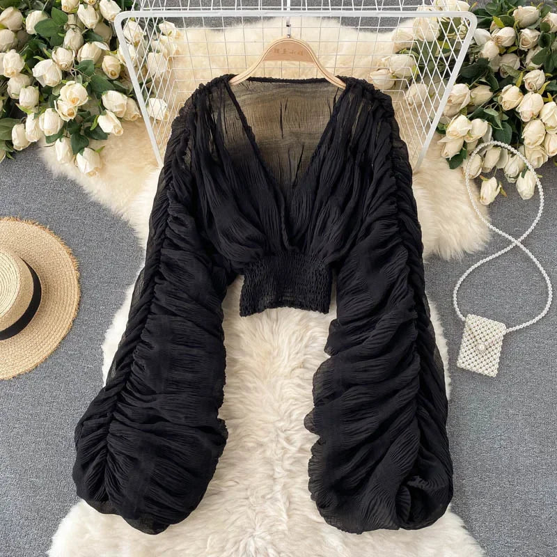 Theresa | V Neck Full Puff Sleeve Blouse Shirts - TrendHavenCo