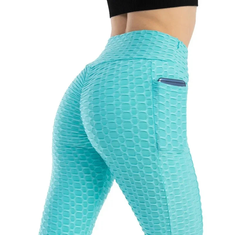 Women Fashion Pocket Bubble Pants Stretchy Slim Leggings Gym Running Cycling Fitness Pants High Waist Hip Lift Leggings Female - TrendHavenCo