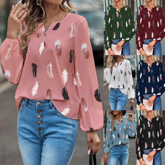 Fashion Women Temperament Elegant V-neck Shirt Long Sleeve Feather Painting Printed Loose Elegant Chiffon Flared Sleeve T Shirt - TrendHavenCo
