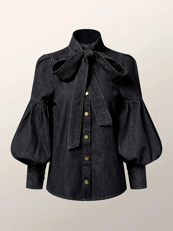 Elaine | Long Puff Sleeves Bow-Embellished Shirts