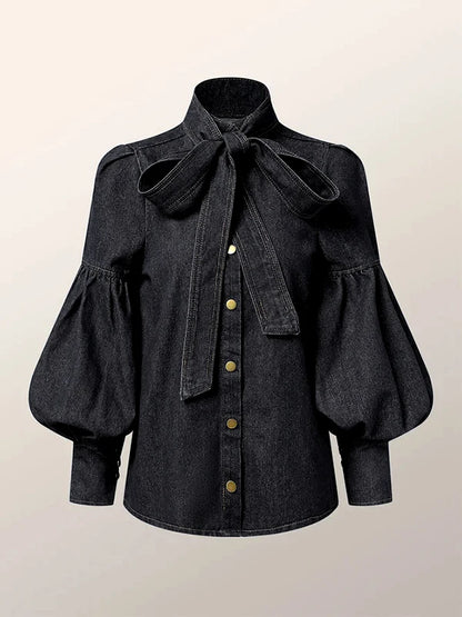 Elaine | Long Puff Sleeves Bow-Embellished Shirts