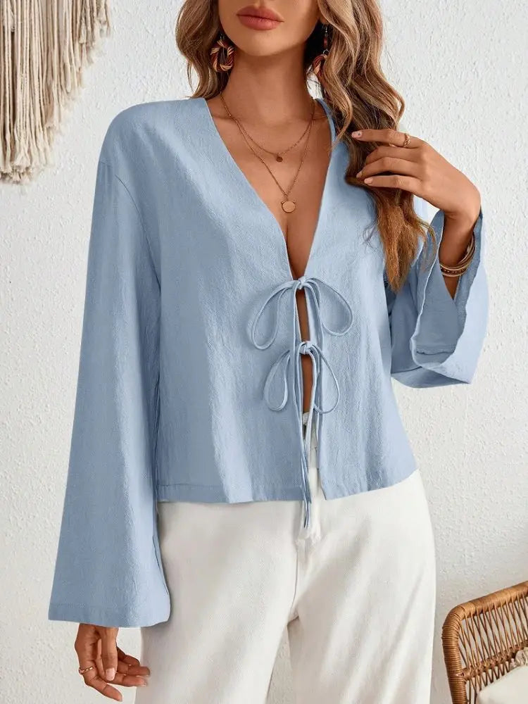 Denise | Sexy Lace Up Hollow Out Shirt V-neck - TrendHavenCo