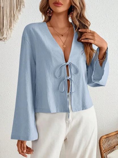 Denise | Sexy Lace Up Hollow Out Shirt V-neck - TrendHavenCo