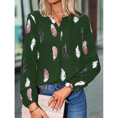 Fashion Women Temperament Elegant V-neck Shirt Long Sleeve Feather Painting Printed Loose Elegant Chiffon Flared Sleeve T Shirt - TrendHavenCo