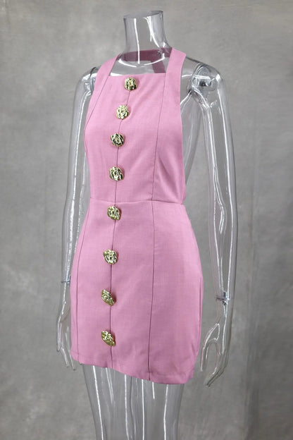 Sexy Cut Out Rose Button Halter Mini Dress Women Fashion Sleeveless Backless Party Dresses 2024 Summer Elegant Female Vestidos - TrendHavenCo