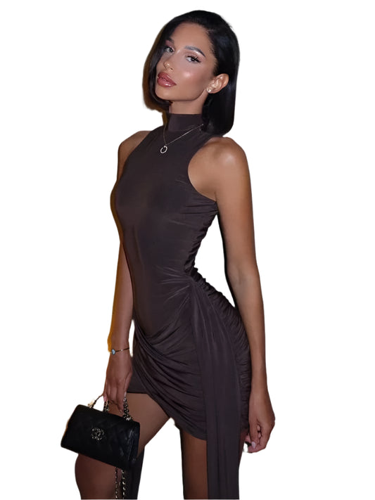 Mozision Turtleneck Sleeveless Sexy Mini Dress For Women Fashion Irregular Ruched Tank Dress Femme Elegant Club Party Dress - TrendHavenCo
