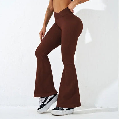 Sexy Slim Flared Pants Cross Waist Legging Women Seamless Gym Running Cycling Knit Yoga Stretch Butt Lift High Waist Pants - TrendHavenCo