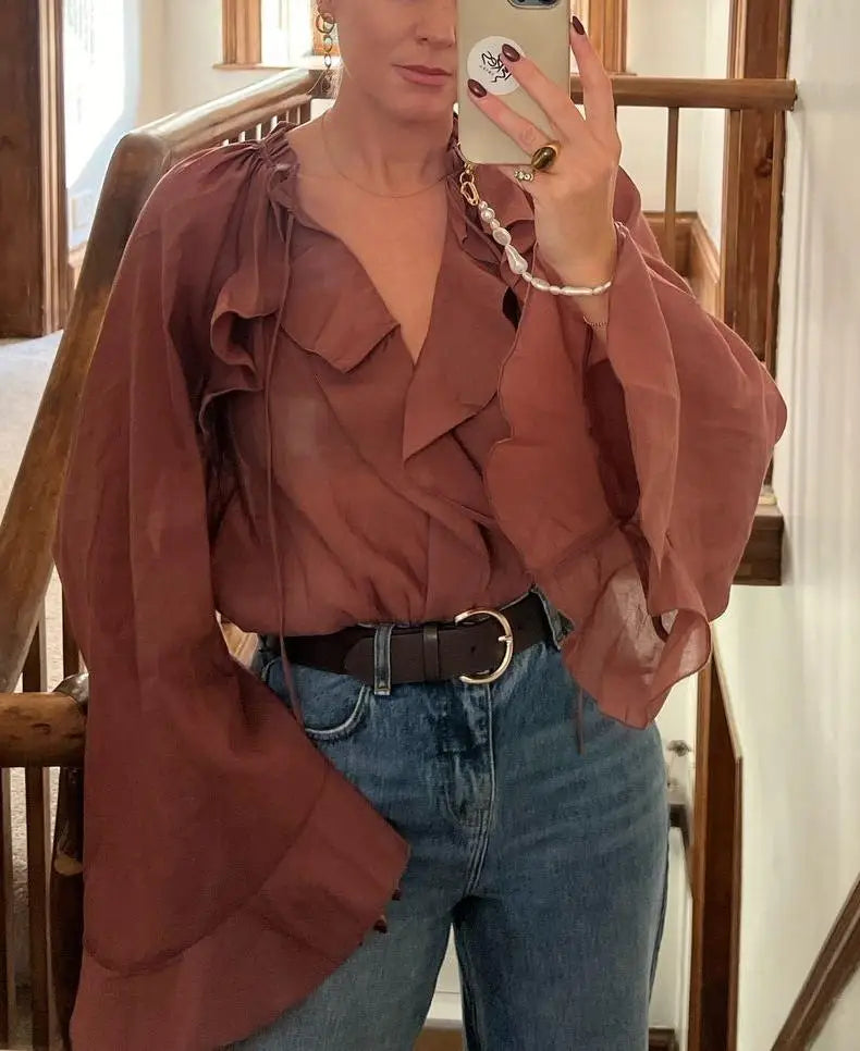 Aleyah | Wine Red Lace Up Ruffles Chiffon Blouse - TrendHavenCo