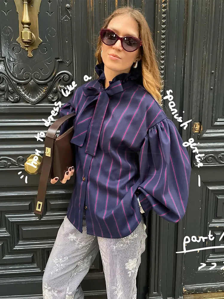 Striped Women Casual Lace Up Blouse Fashion O Neck Long Sleeve Single-breasted Loose Shirt 2025 Spring New Female Commuting Tops - TrendHavenCo