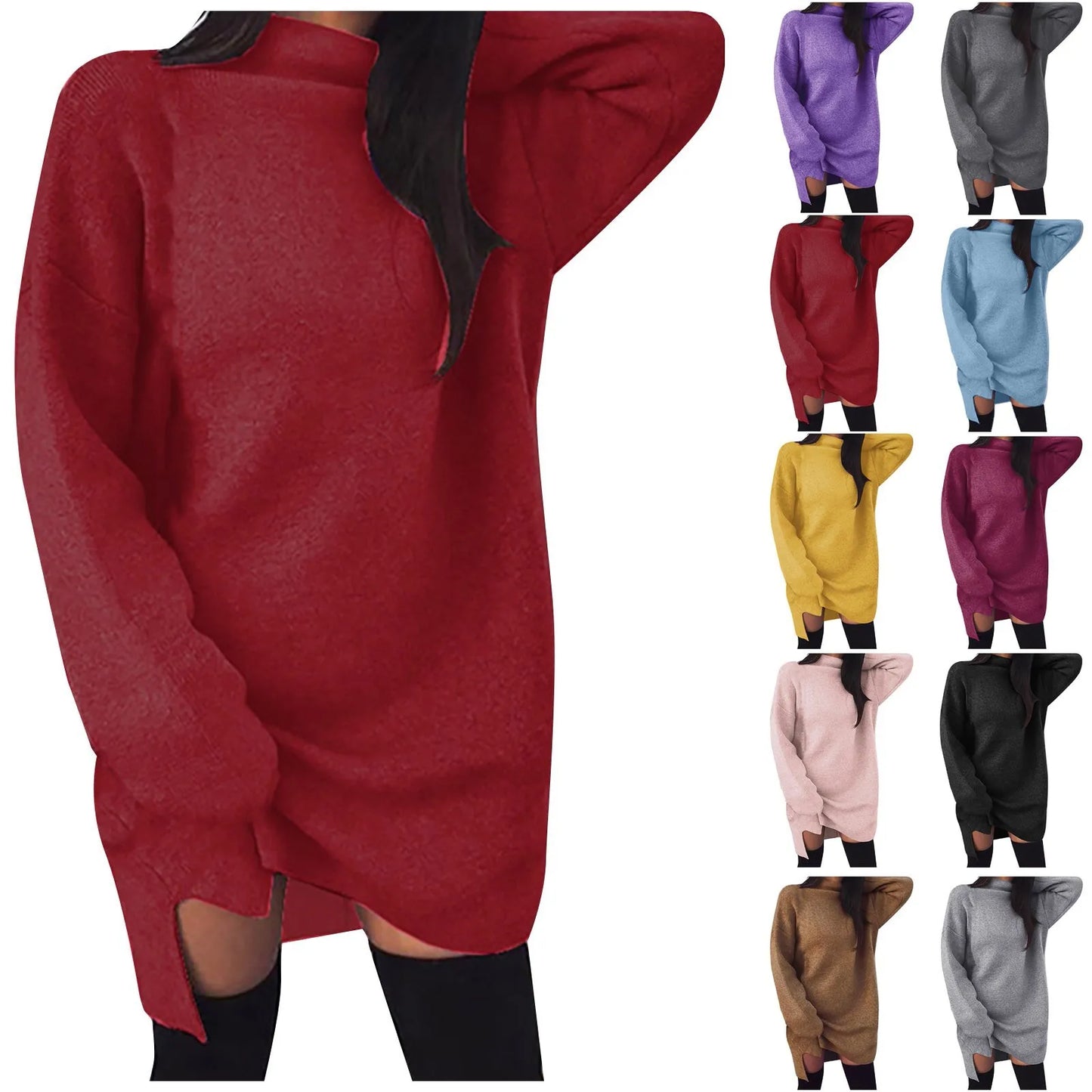 2024 Women Casual Turtleneck Long Sleeve Sexy Mini Dress Solid Color Loose Evening Party Dresses Elegant Glamorous Daily Costume - TrendHavenCo