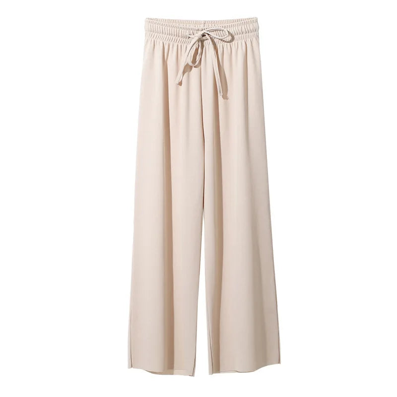 Women Ankle-Length Wide Leg Pants Casual Summer Solid Elastic Waist Loose Ice Silk Pants Spring Summer Female Trousers - TrendHavenCo