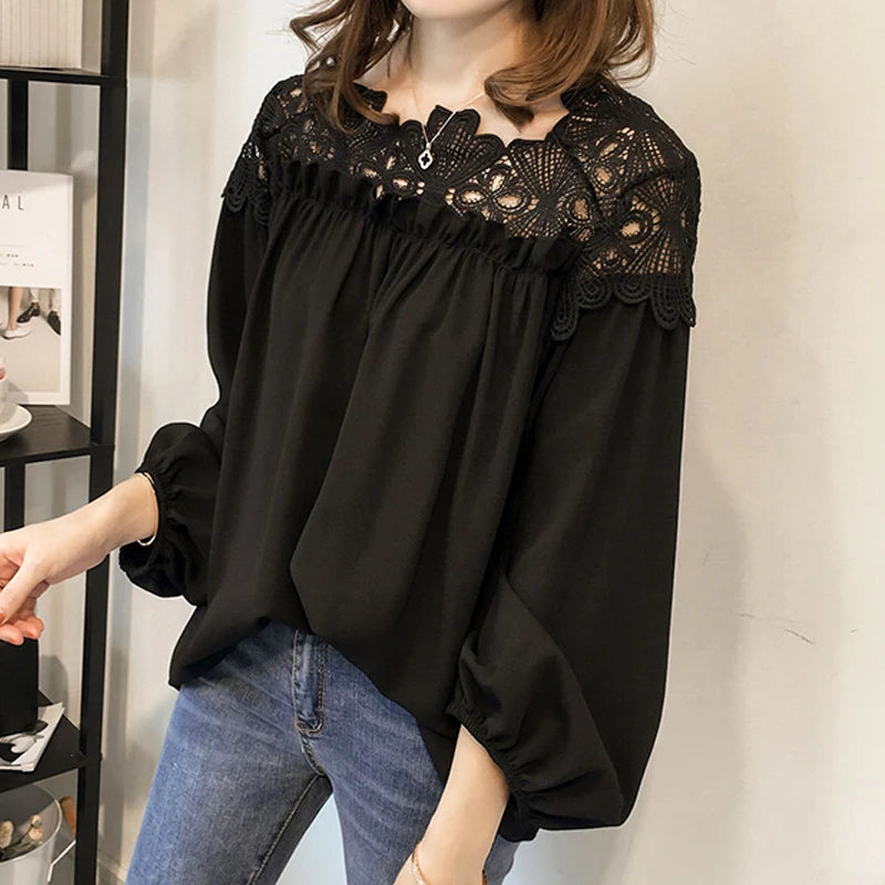 Lace Mesh Women Shirt Embroidery Patchwork Blouses 2025 Spring Long Sleeve Tops Casual Loose BlousesFemale Blusas Pullover - TrendHavenCo