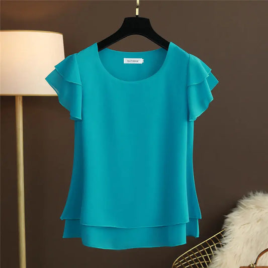 New Summer Women Blouse Loose O-Neck Chiffon Shirt Female Short Sleeve Blouse Oversized Shirts womens tops and blouses Top - TrendHavenCo