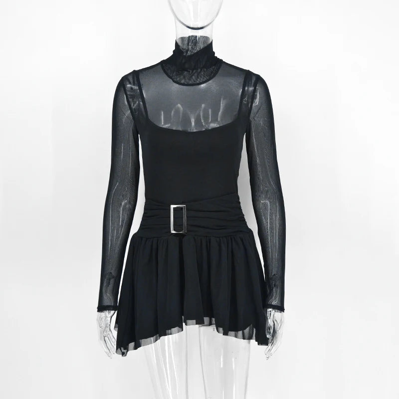 Mini Dress Women Spring New Solid Turtleneck Fashion Long Sleeves Casual Slim Dress Sexy See Through Mesh Female A-LINE Dresses - TrendHavenCo
