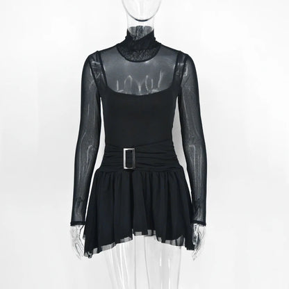 Mini Dress Women Spring New Solid Turtleneck Fashion Long Sleeves Casual Slim Dress Sexy See Through Mesh Female A-LINE Dresses - TrendHavenCo