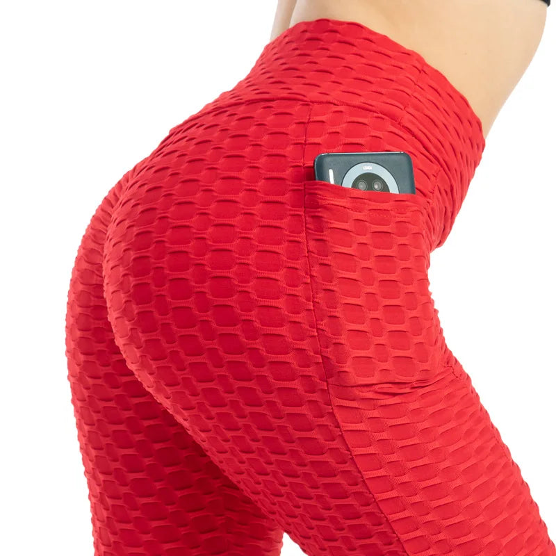Women Fashion Pocket Bubble Pants Stretchy Slim Leggings Gym Running Cycling Fitness Pants High Waist Hip Lift Leggings Female - TrendHavenCo