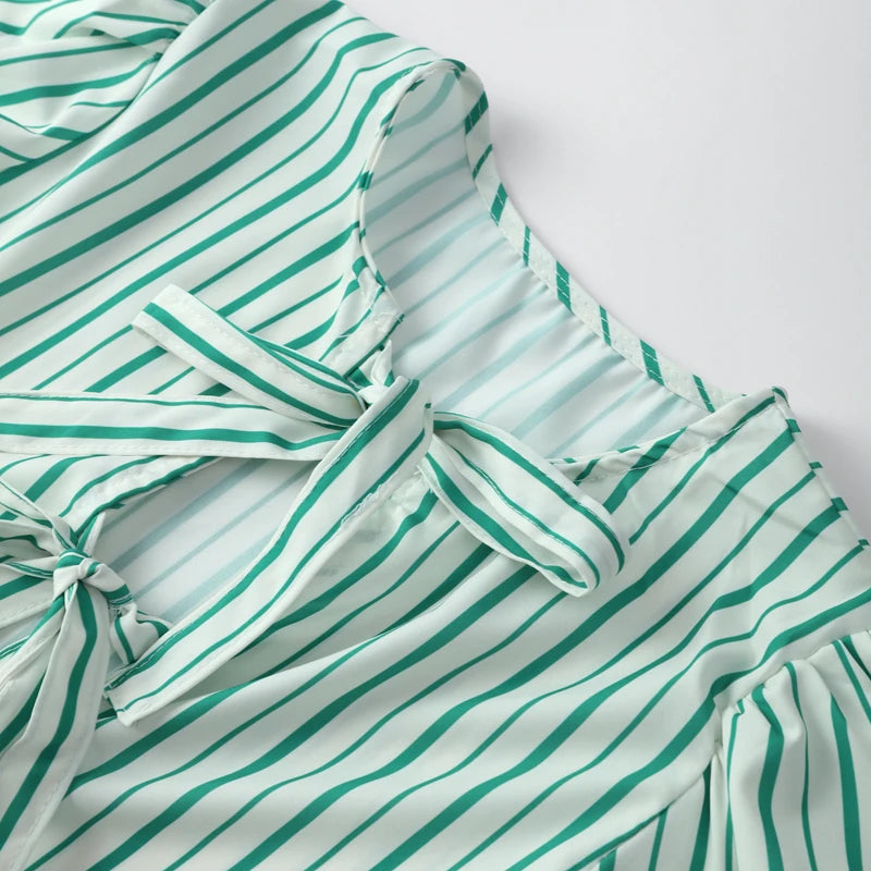 Eummie | Elegant Stripe Bow Lace Up Blouse - TrendHavenCo