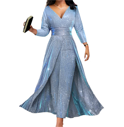Estella | Sequin Large Skirt V-Neck Long Jumpsuits