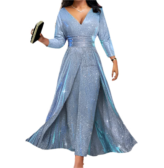 Estella | Sequin Large Skirt V-Neck Long Jumpsuits