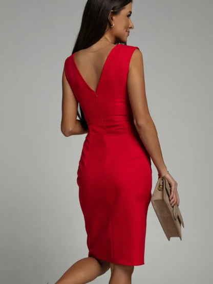 Elegant Women Sexy Casual Sleeveless Office Party Mini Dress Summer Fashion Solid V Neck High Waist Bodycon Side Split Dresses - TrendHavenCo