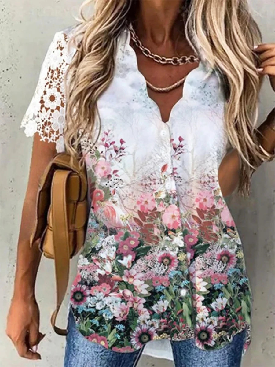 Women Shirt Floral Daily Weekend Floral Blouse Shirt Women Short Sleeve Button Print V Neck Casual Tops - TrendHavenCo