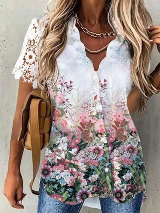 Women Shirt Floral Daily Weekend Floral Blouse Shirt Women Short Sleeve Button Print V Neck Casual Tops - TrendHavenCo