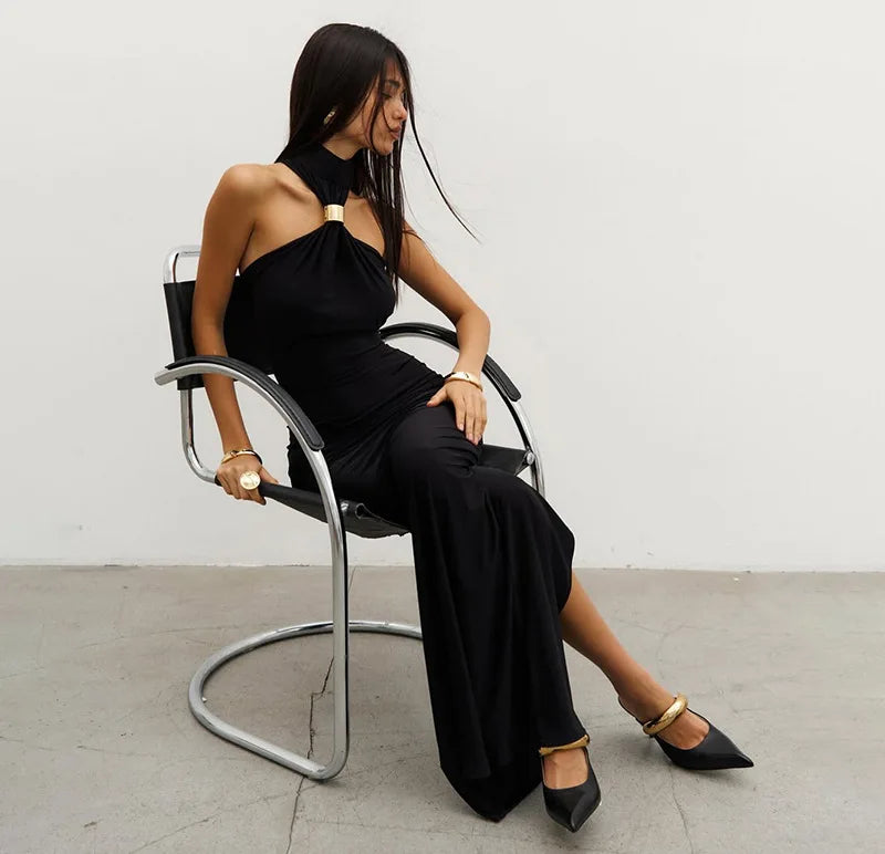 Elegant Metal Ring Turtleneck Maxi Dress for Women Sexy Off Shoulder Sleeveless Holidays Party Dress Summer Bodycon Dress 2025 - TrendHavenCo