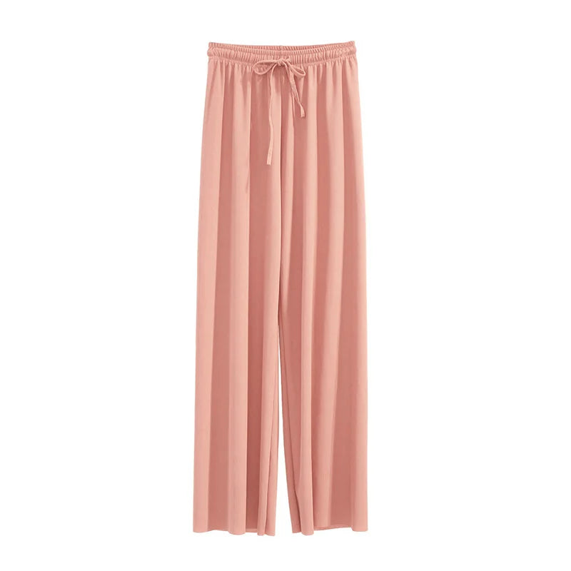 Women Ankle-Length Wide Leg Pants Casual Summer Solid Elastic Waist Loose Ice Silk Pants Spring Summer Female Trousers - TrendHavenCo
