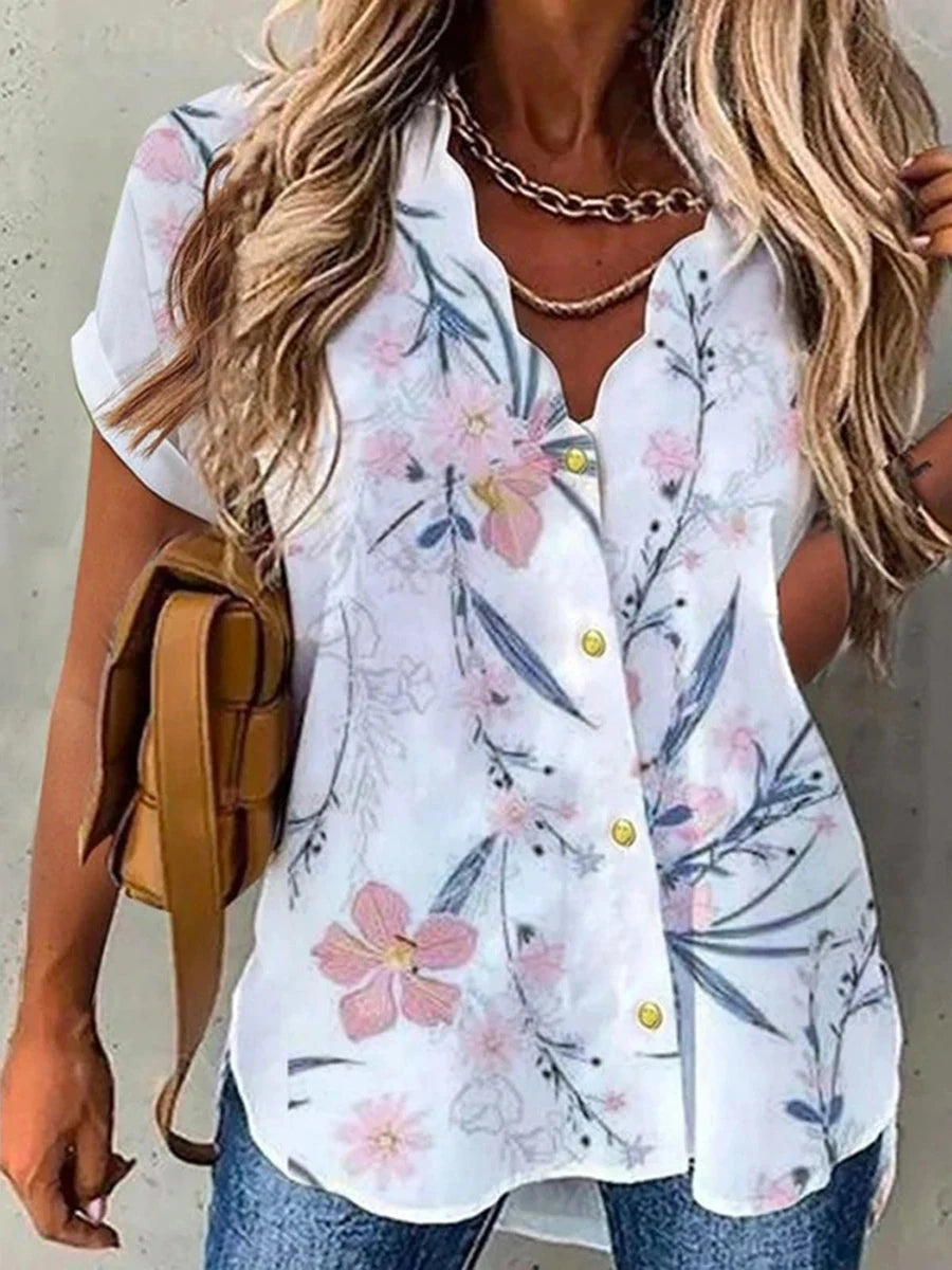 Women Shirt Floral Daily Weekend Floral Blouse Shirt Women Short Sleeve Button Print V Neck Casual Tops - TrendHavenCo