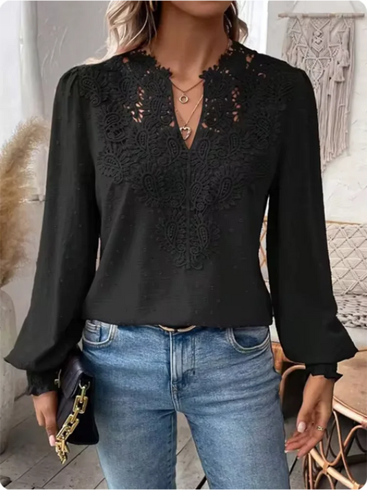 Lucy | Sexy Lace Long Sleeved V-neck T-shirt - TrendHavenCo