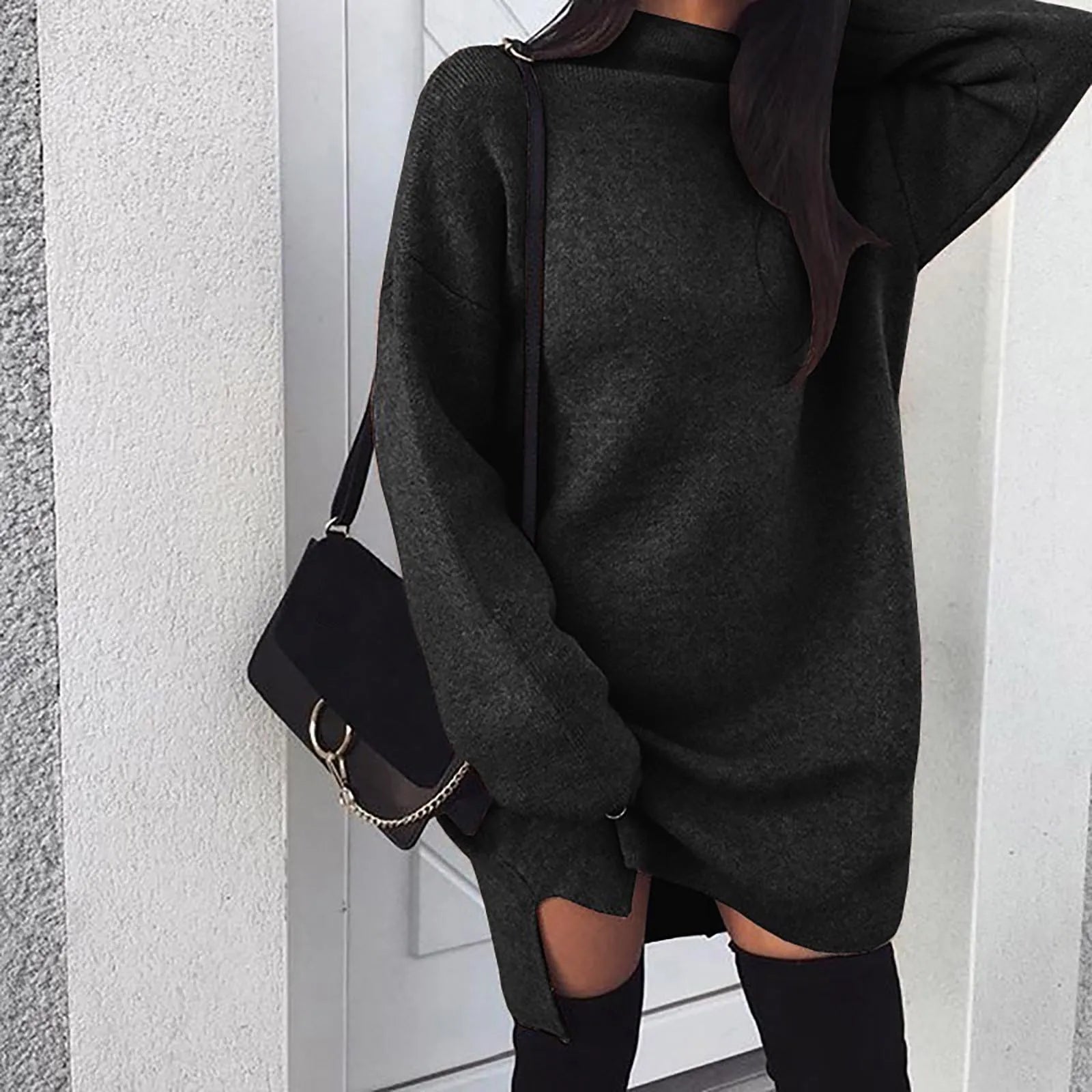 2024 Women Casual Turtleneck Long Sleeve Sexy Mini Dress Solid Color Loose Evening Party Dresses Elegant Glamorous Daily Costume - TrendHavenCo