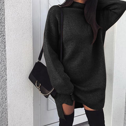 2024 Women Casual Turtleneck Long Sleeve Sexy Mini Dress Solid Color Loose Evening Party Dresses Elegant Glamorous Daily Costume - TrendHavenCo