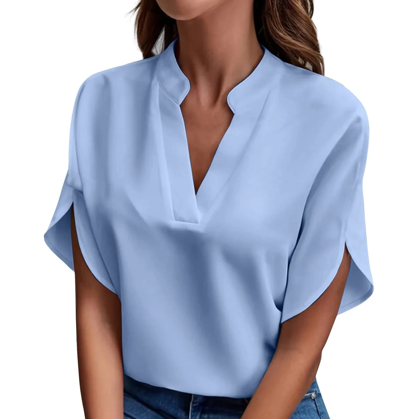 Willa | Short Sleeve Solid V Neck Loose Shirts